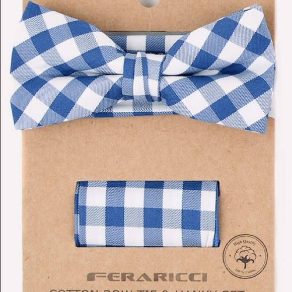 Men’s Boys Blue Check Bow Tie Handkerchief Set NEW - Picture 1 of 4